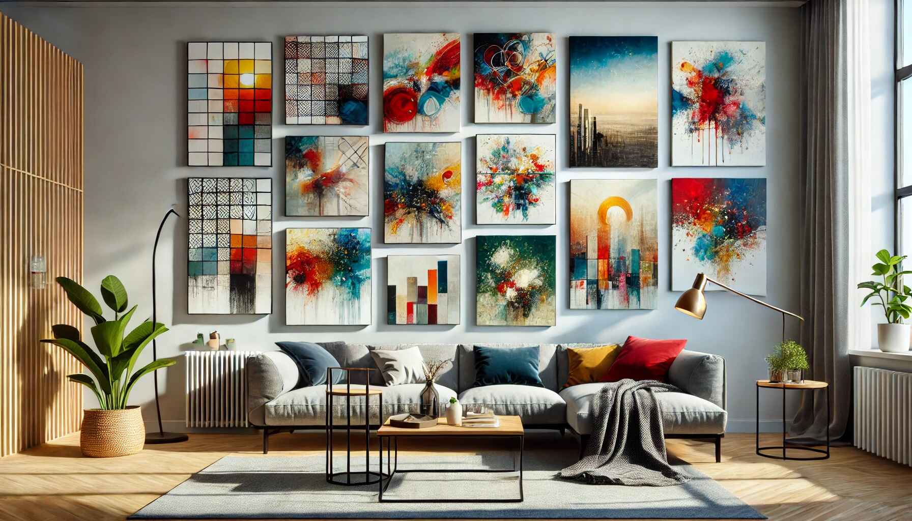 A collection of canvas wall art displayed in a modern living room