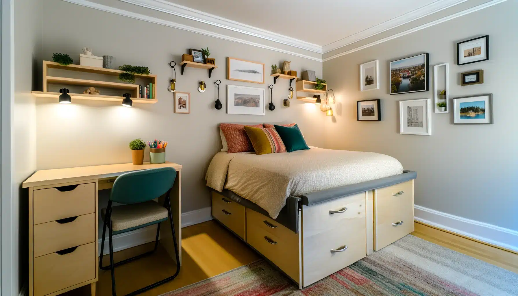 A cozy and inviting small Airbnb bedroom. The room features a comfortable queen-size platform bed with storage drawers, dressed in high-quality linens