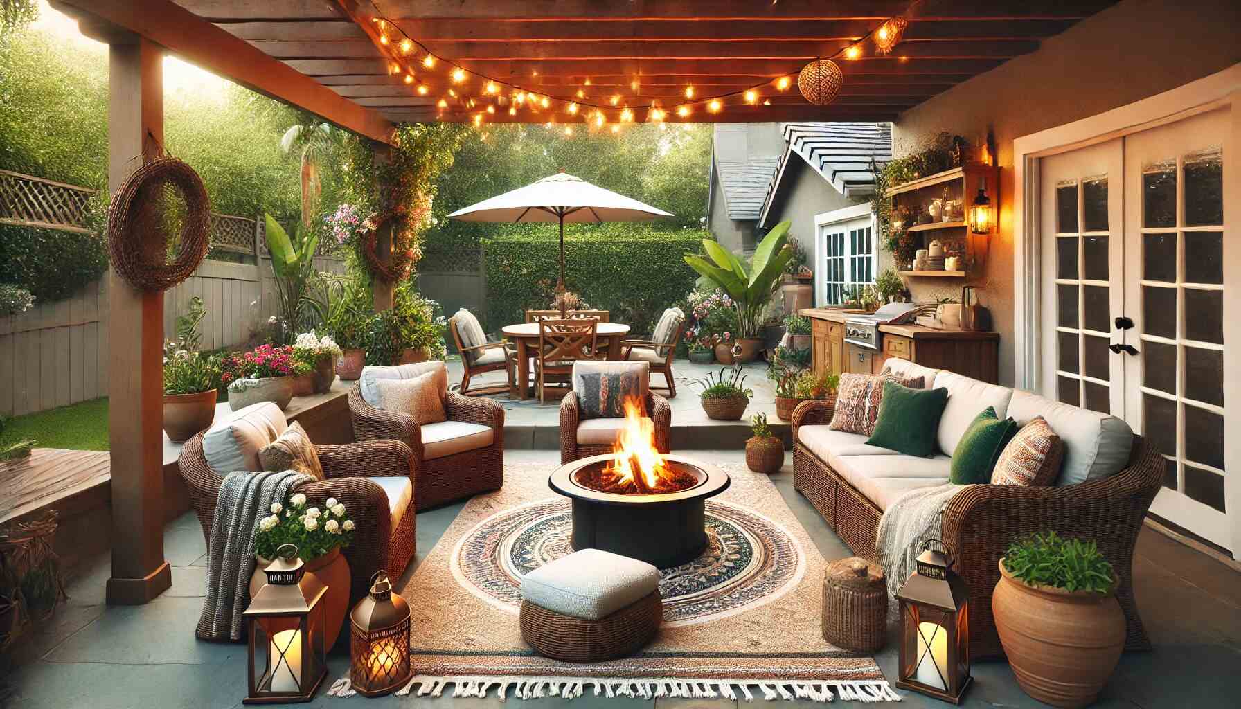 A cozy backyard patio with inviting home decor.