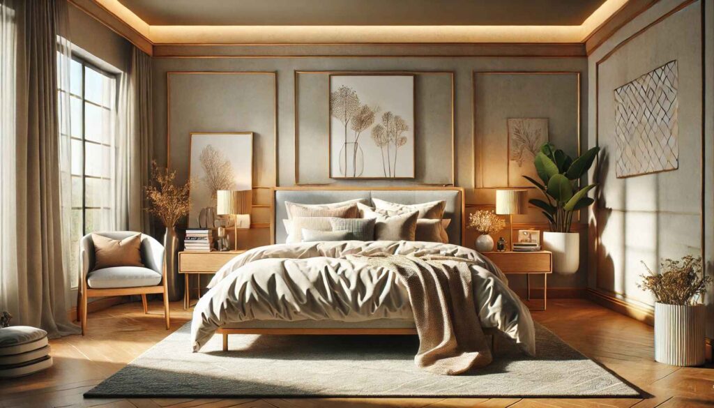 A cozy bedroom interior design featuring a large, comfortable bed with soft, plush bedding in neutral tones