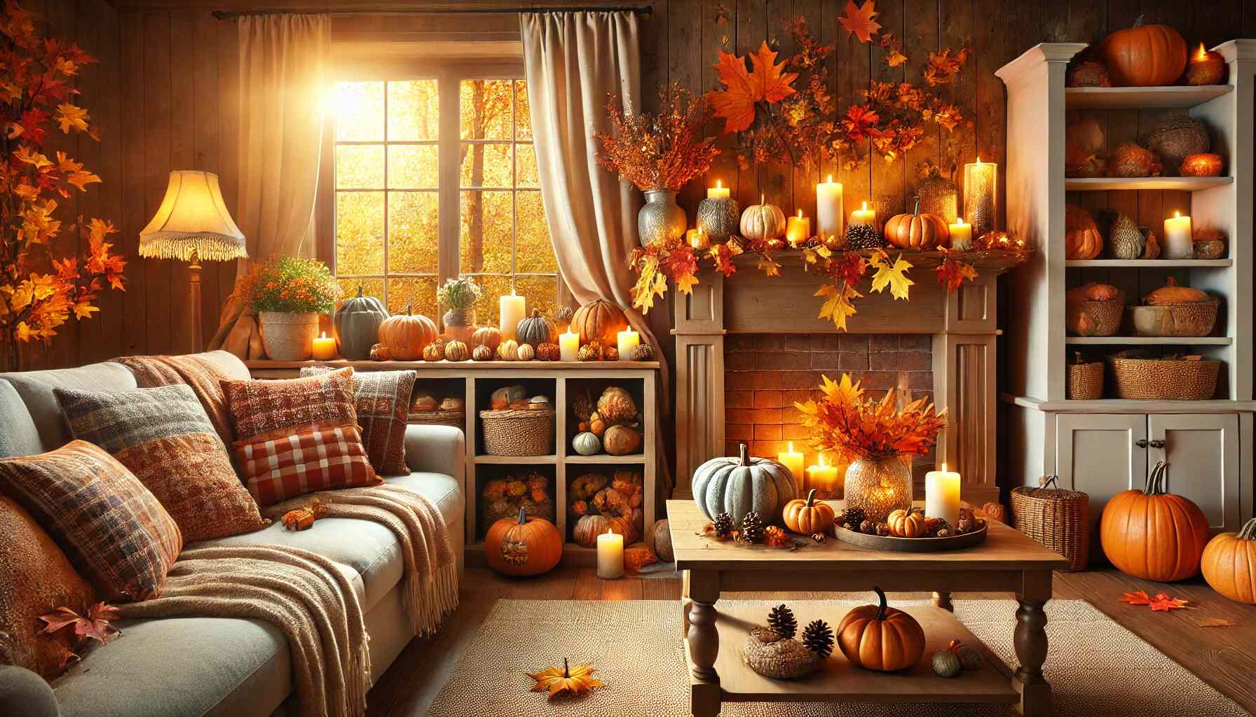 A cozy living room decorated for fall, with warm lighting, autumn leaves, pumpkins, and rustic decorations.