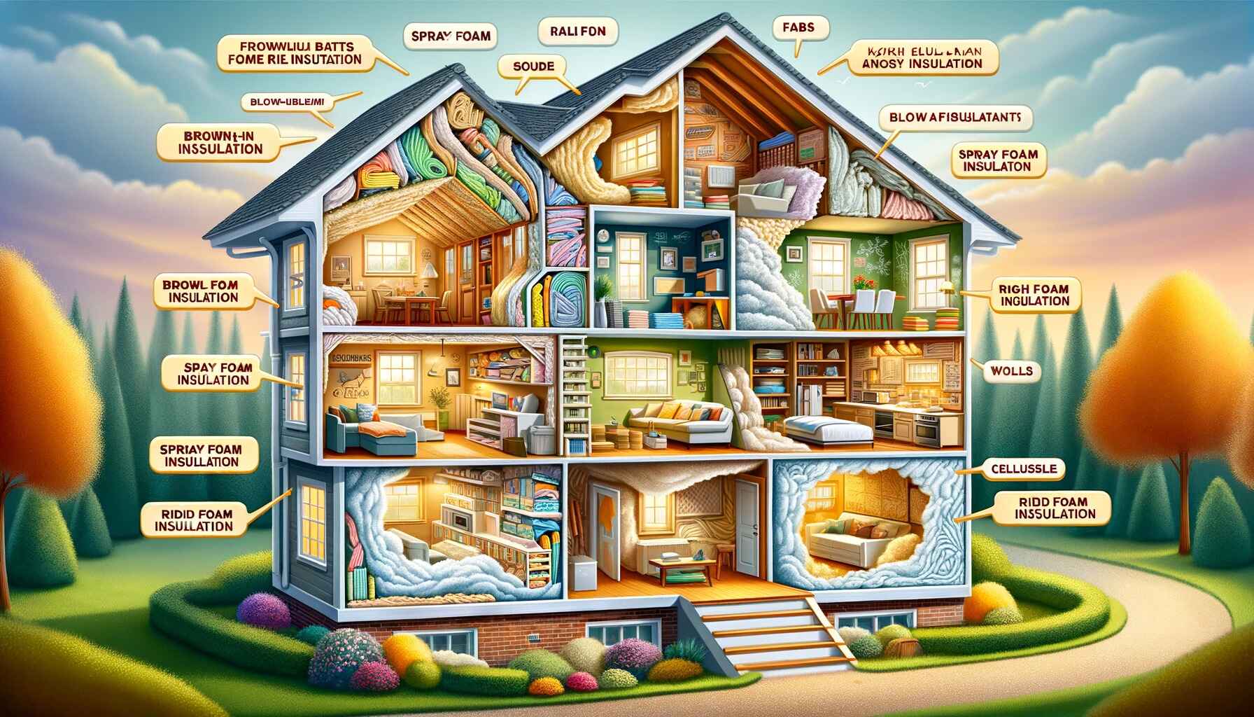 A detailed illustration of various home insulation options displayed in a cutaway view of a house. The image shows different sections