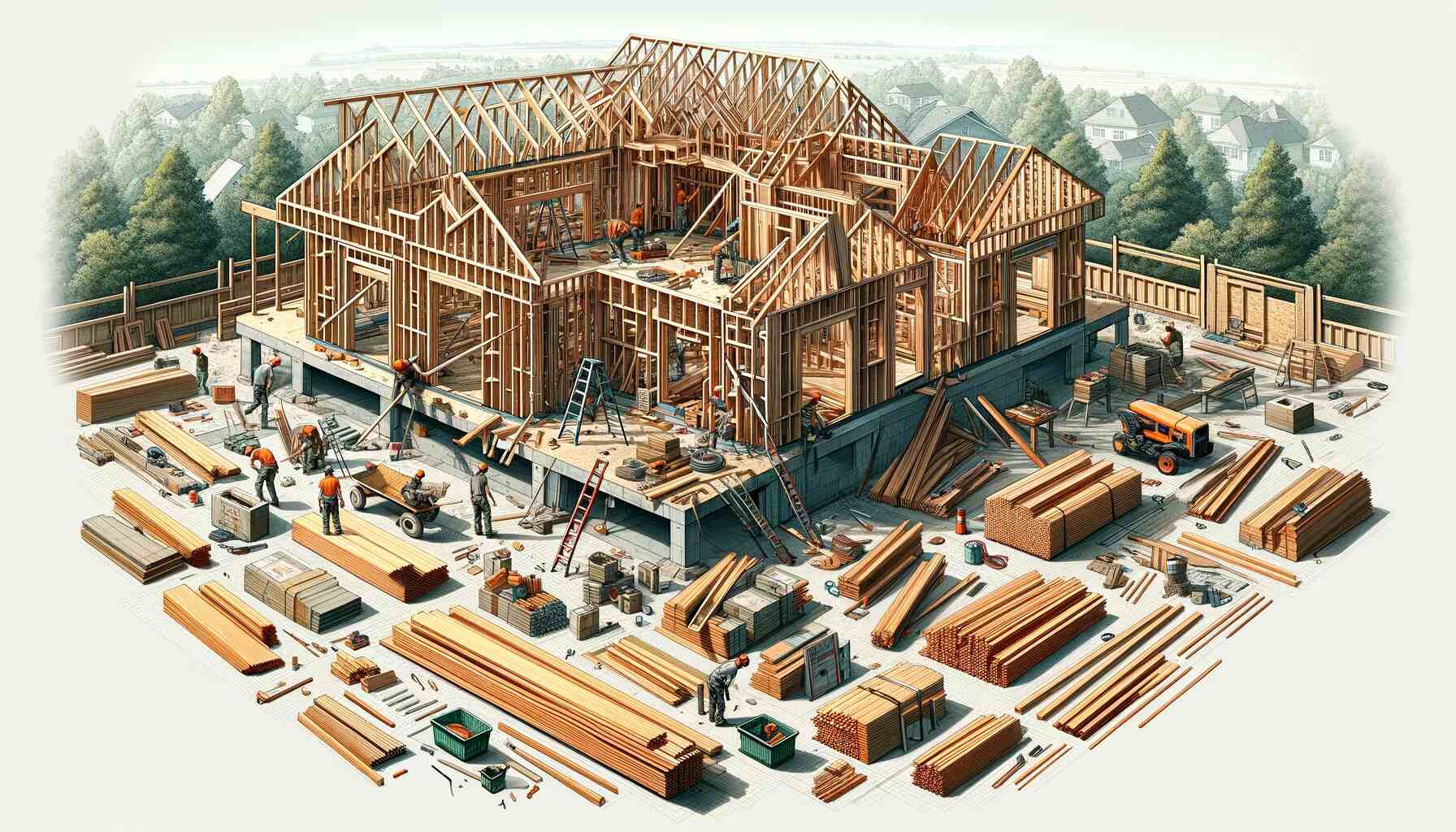 A detailed landscape image showing various house framing techniques in a construction site. The scene includes wooden frames being assembled