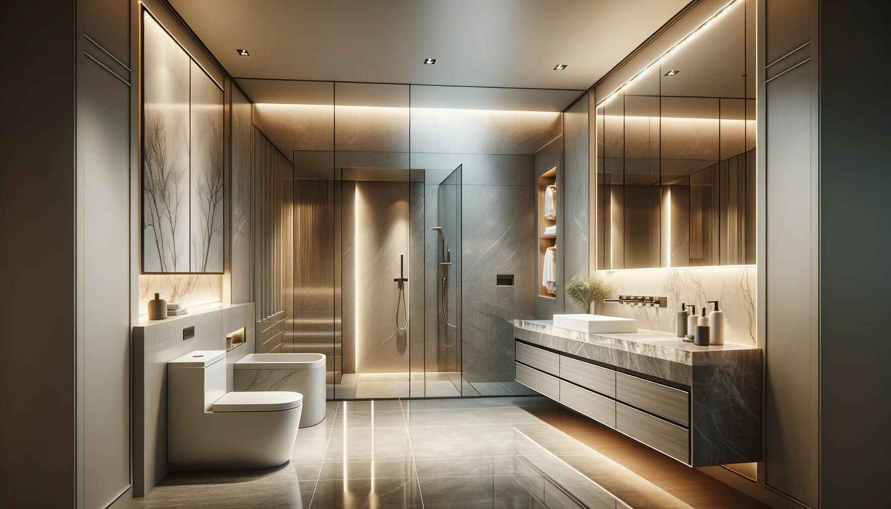 A high-definition image of modern washroom interiors, featuring sleek and elegant design elements. The washroom has a minimalist aesthetic with clean