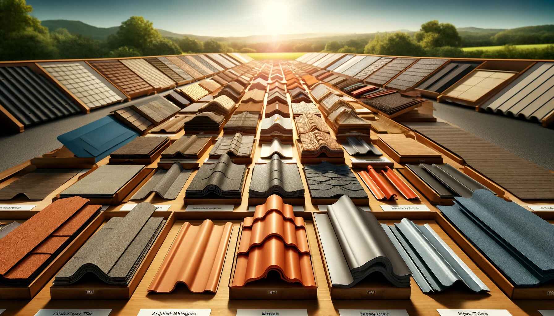 A high-definition landscape photograph of various roofing materials displayed in an outdoor setting. The materials include clay tiles, asphalt shingle