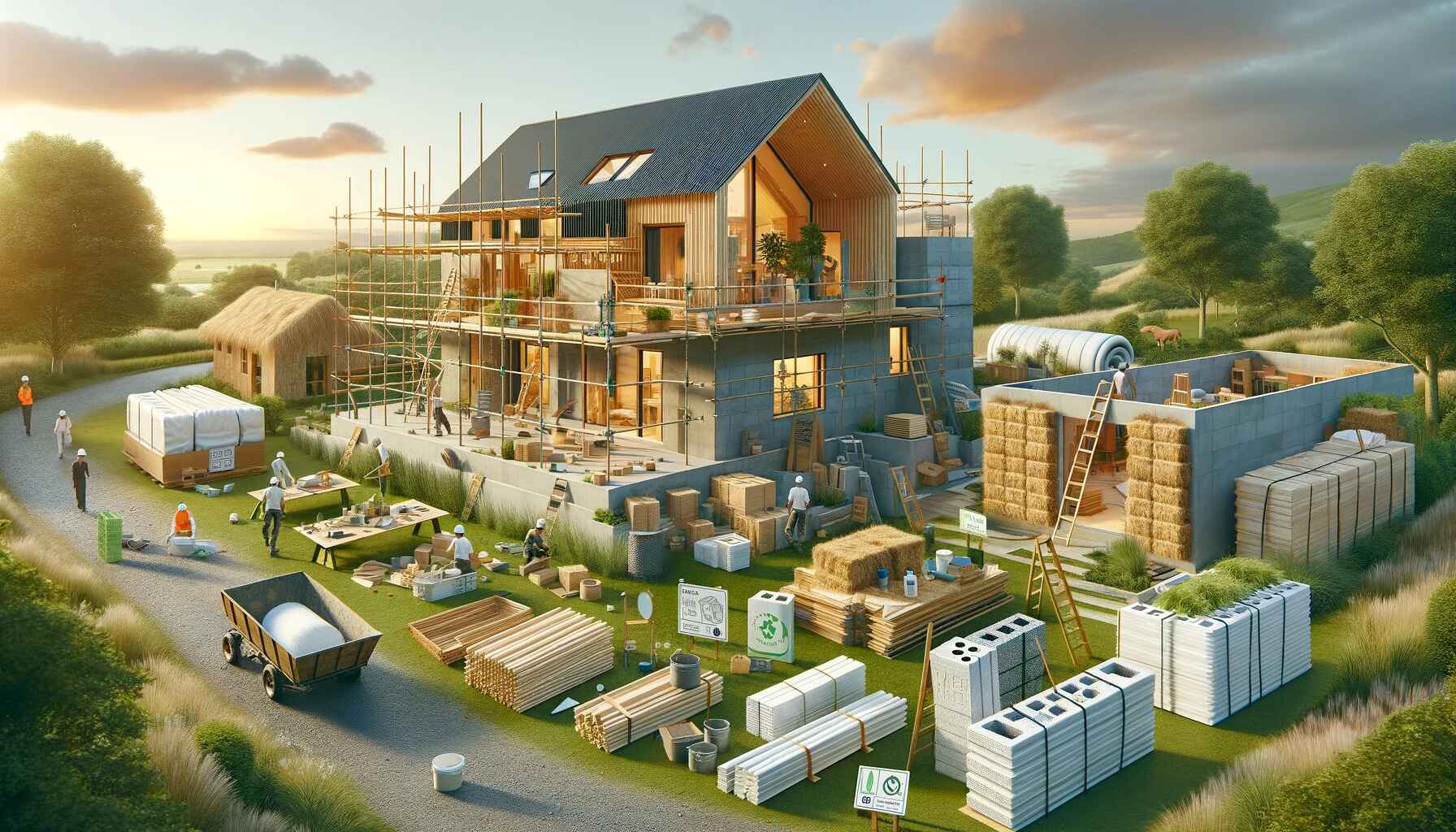 A landscape image showcasing various sustainable building materials used in modern construction. The scene includes a modern house under construction