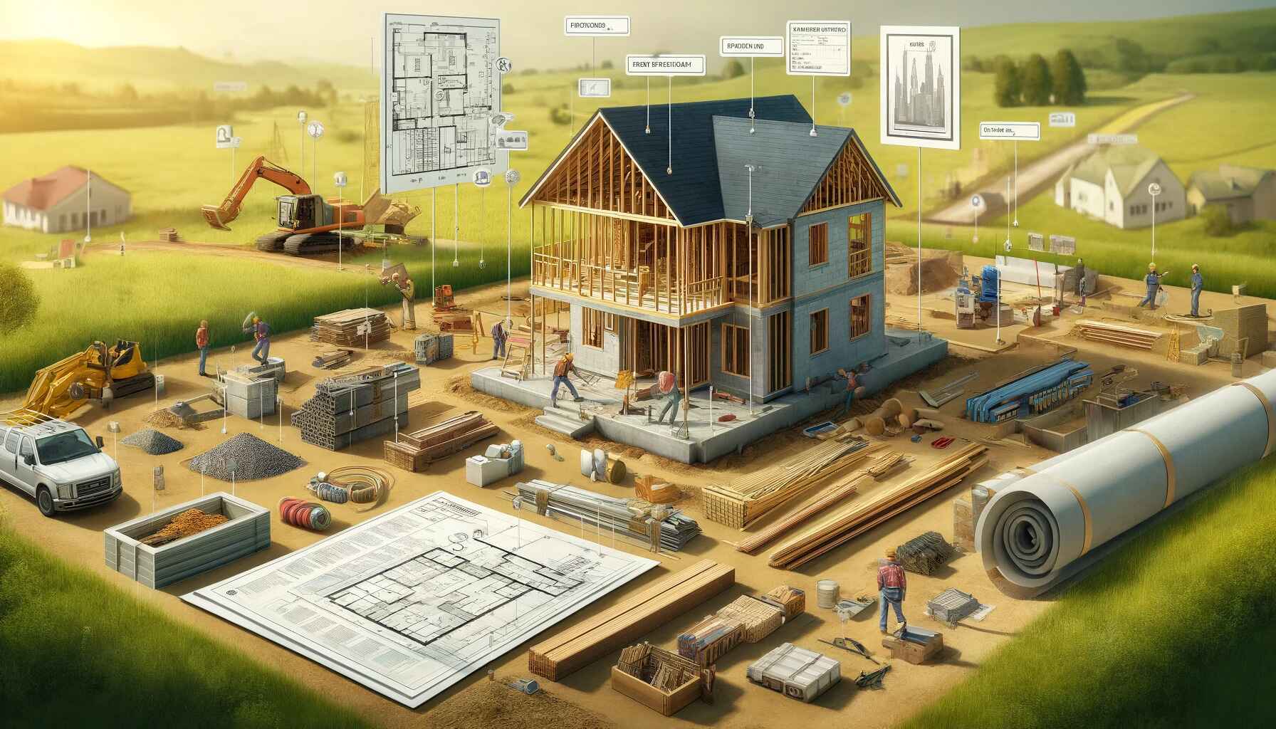 A landscape image showing various aspects of house construction costs. The scene includes a house under construction with visible structural elements