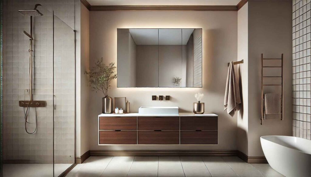 A luxurious modern bathroom featuring a wall mounted single vanity set.