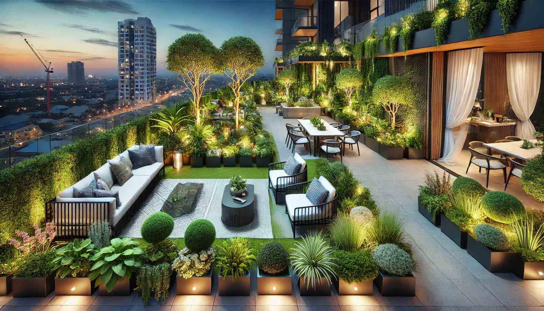 A luxurious rooftop garden beautifully decorated with lush green plants and elegant furniture