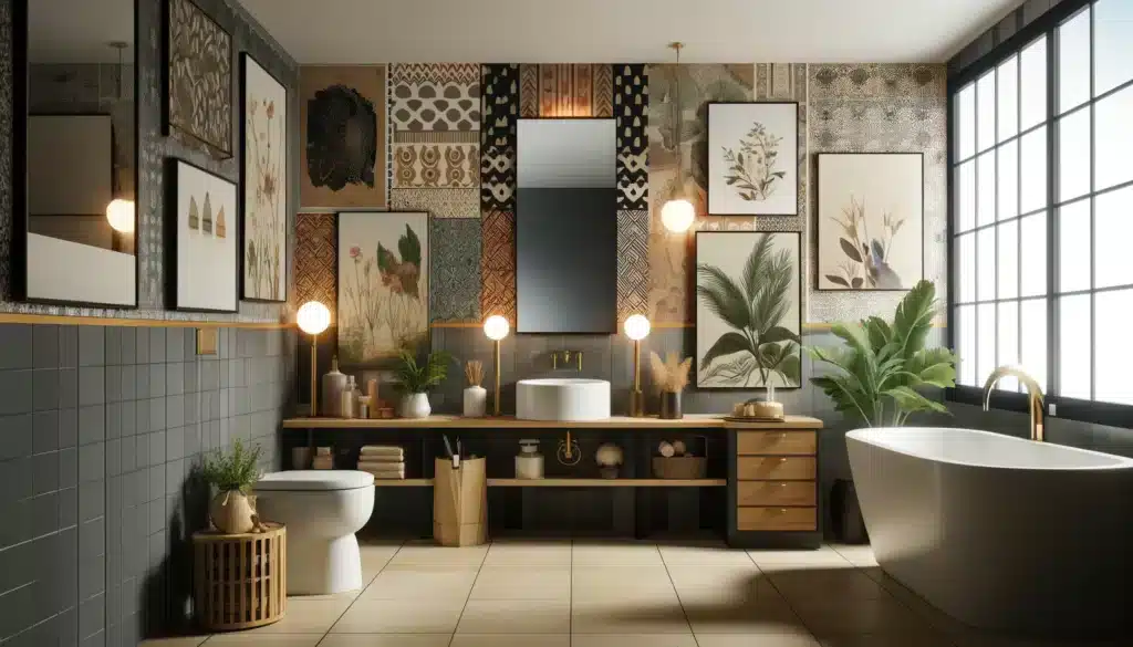 A modern bathroom showcasing various wallpaper designs. The walls feature different patterns such as bold geometric shapes, floral prints,