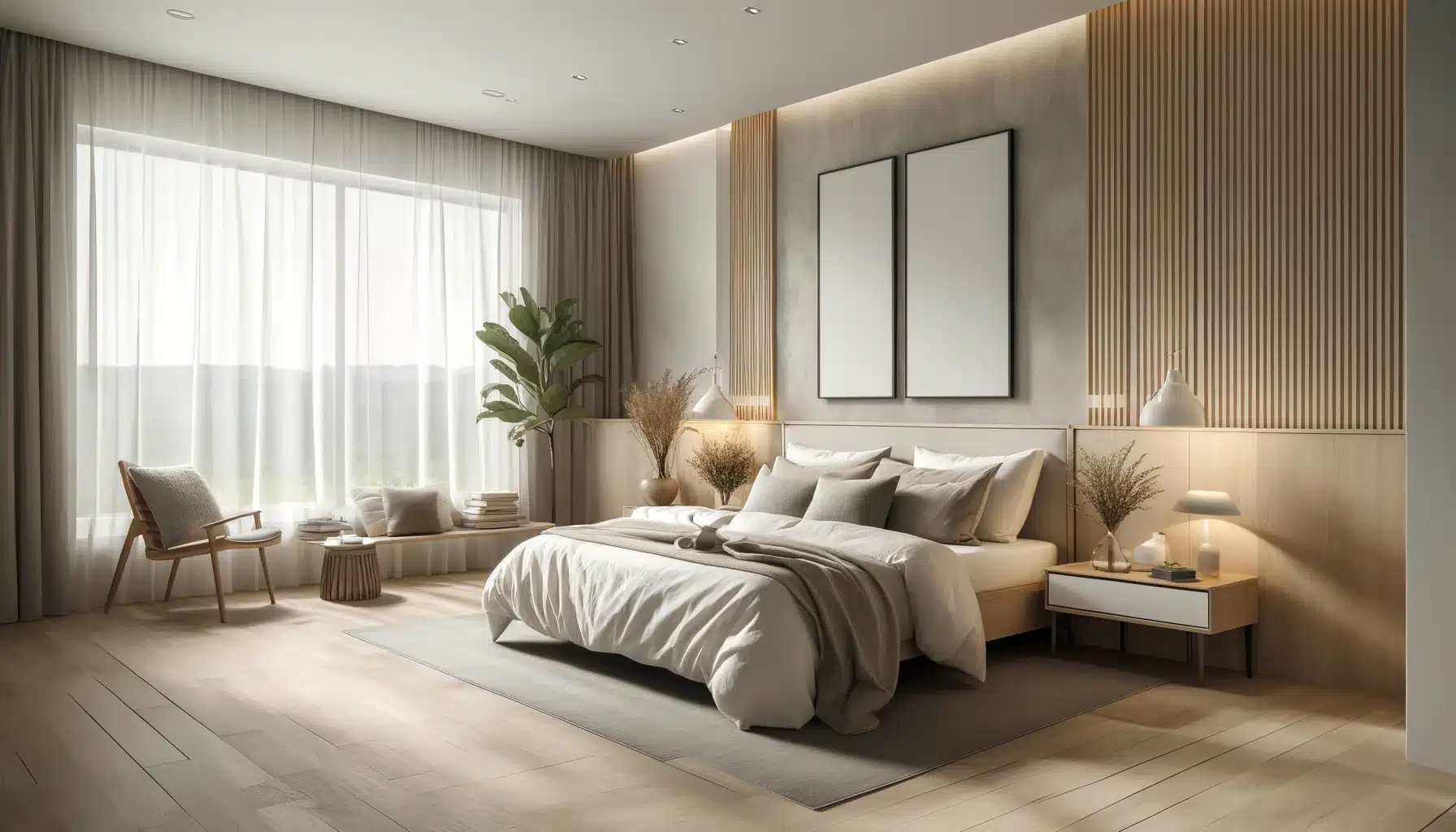 A modern bedroom interior design with a minimalist and cozy aesthetic. The room features a large, comfortable bed with plush bedding and several pillo