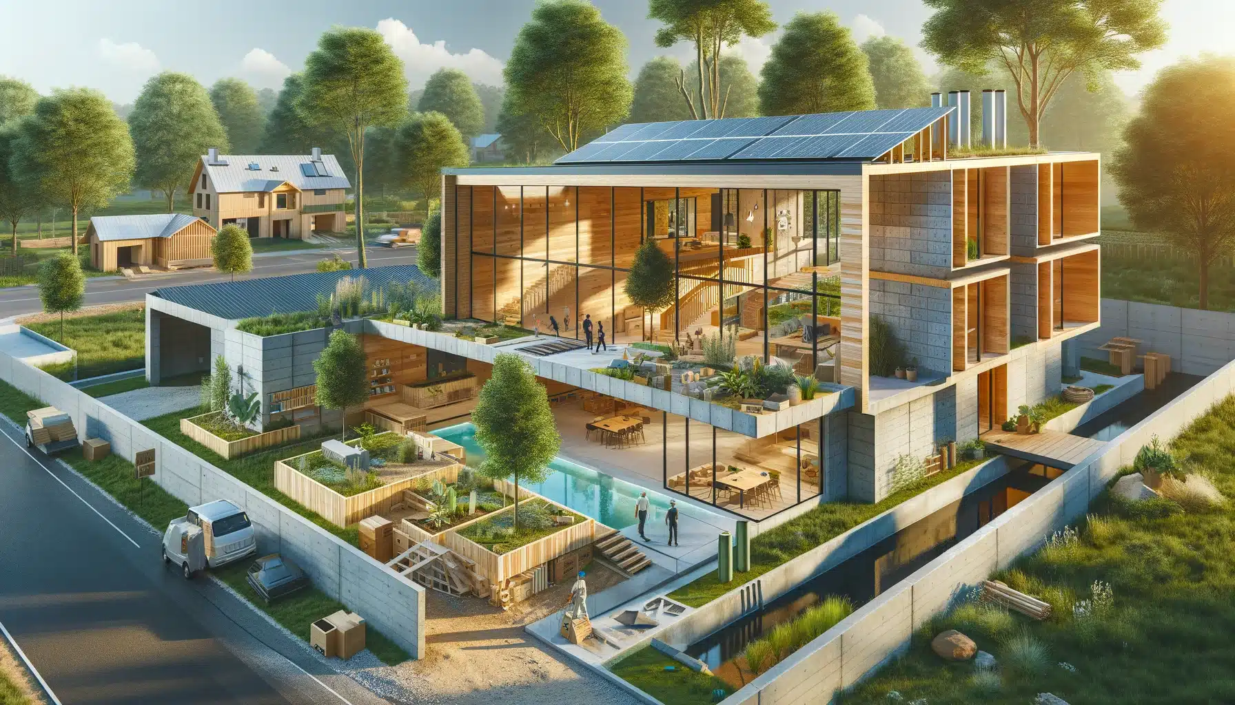 A modern home construction site showcasing the use of sustainable building materials. The scene includes structures made from cross-laminated timber