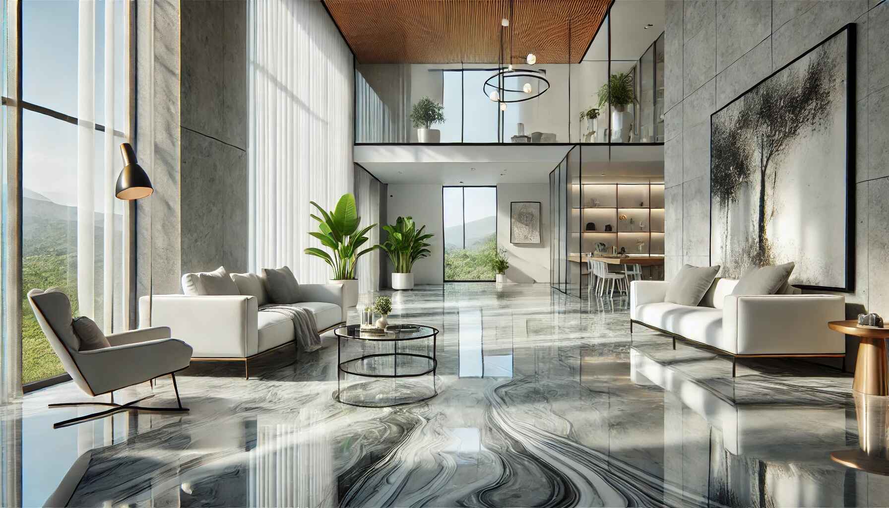 A modern home interior featuring sleek epoxy flooring