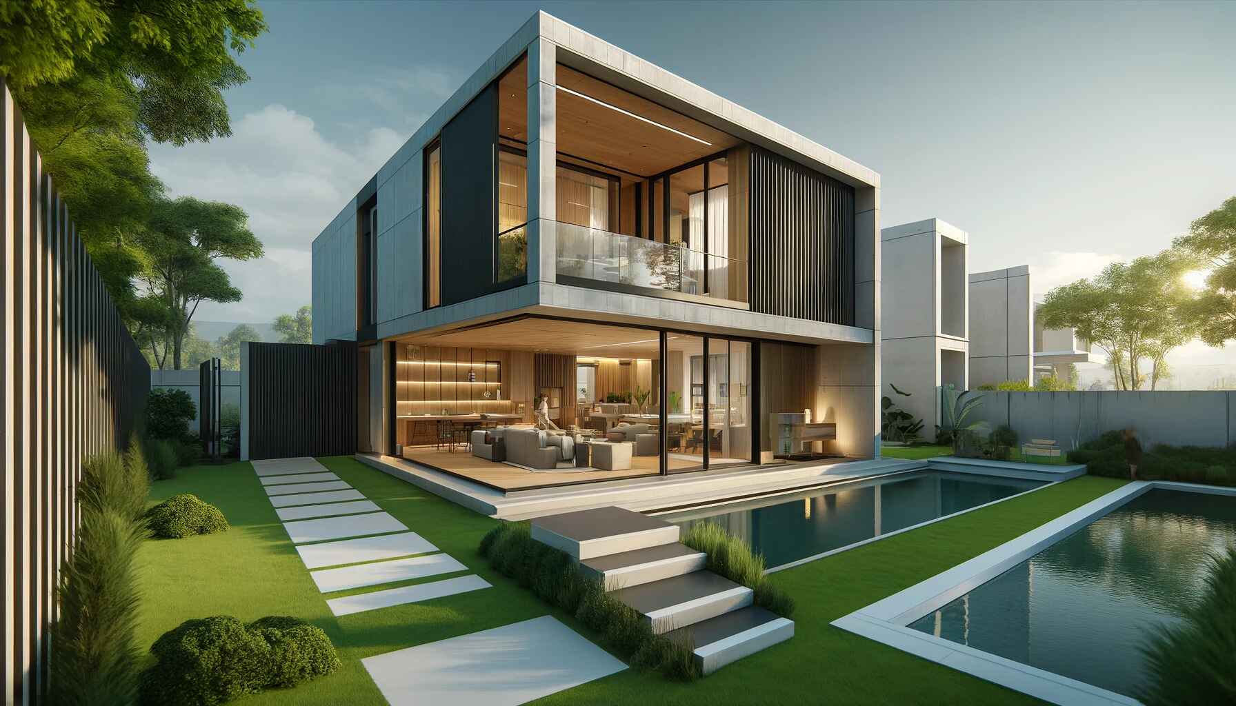 A modern house design featuring clean lines, flat roofs, and geometric shapes. The house has large windows and sliding glass doors, creating a strong