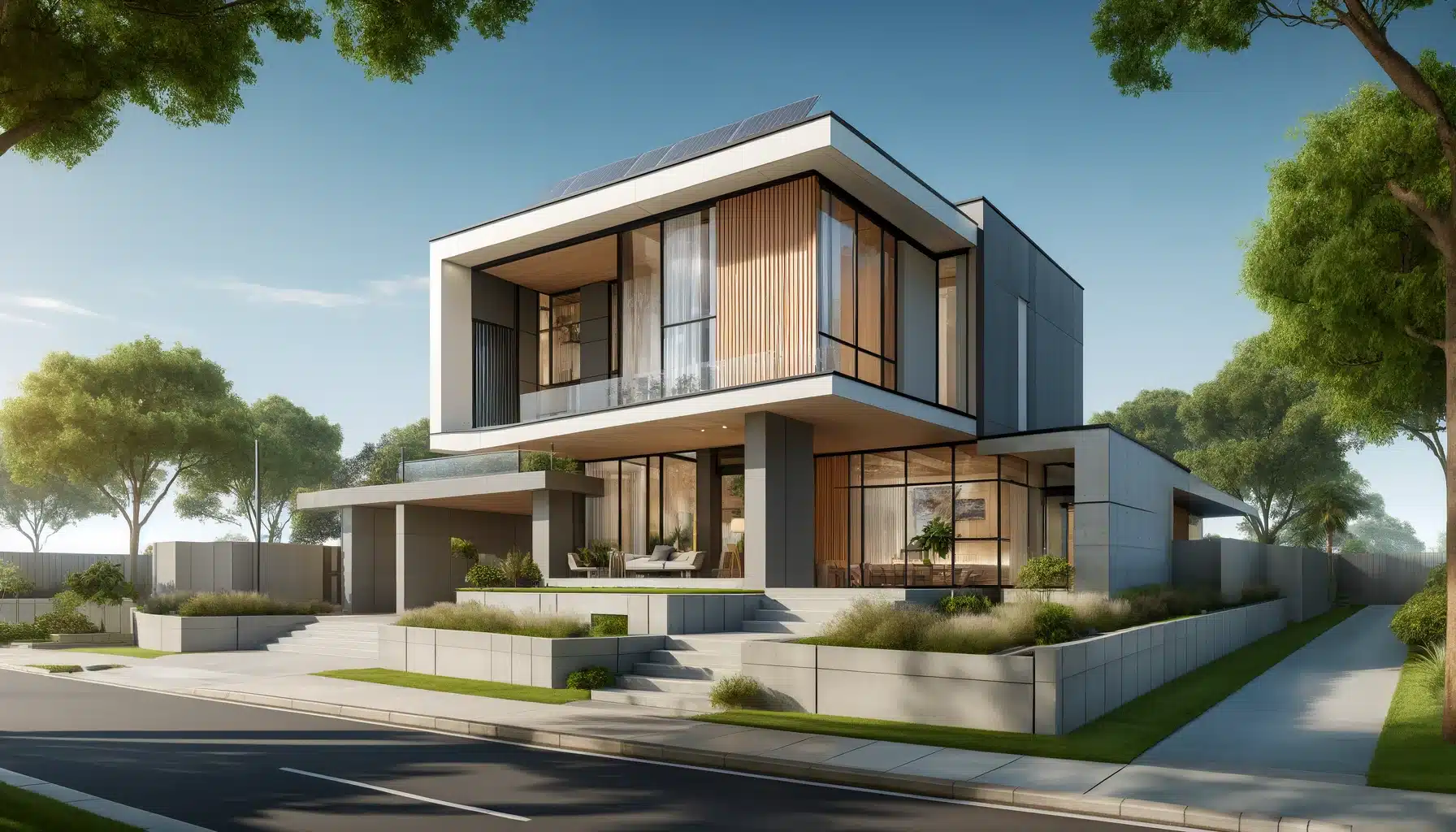 A modern house elevation featuring a sleek, minimalist design with clean lines and large glass windows. The house has a flat roof and a mix of materia