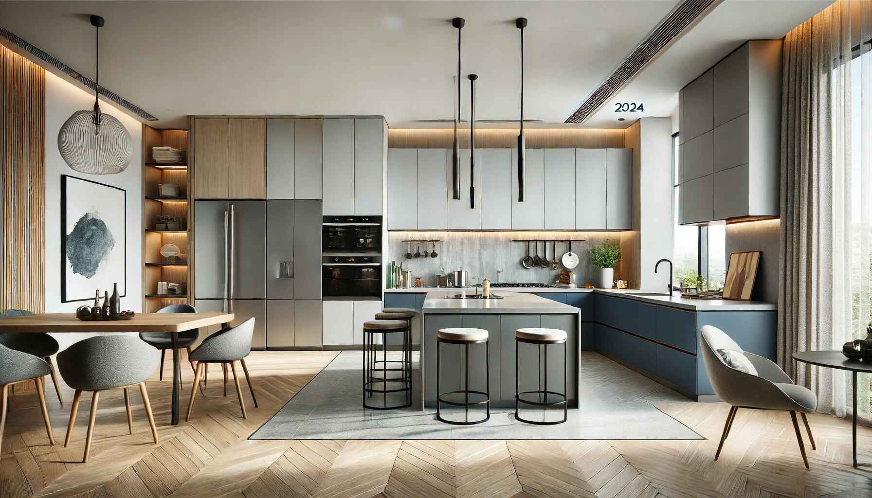 A modern modular kitchen design for 2024 in a spacious and well lit room