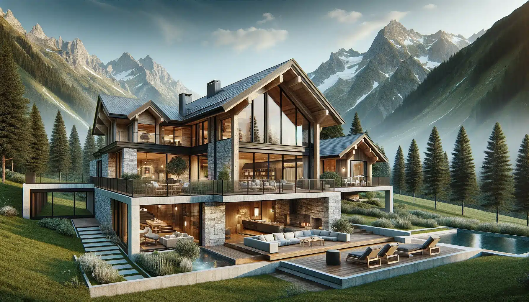 A modern mountain house nestled in a picturesque mountainous landscape. The house features large floor-to-ceiling windows offering panoramic views, na