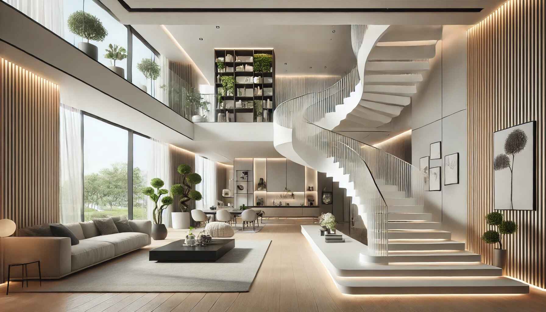 A modern stylish home interior featuring an innovative staircase design