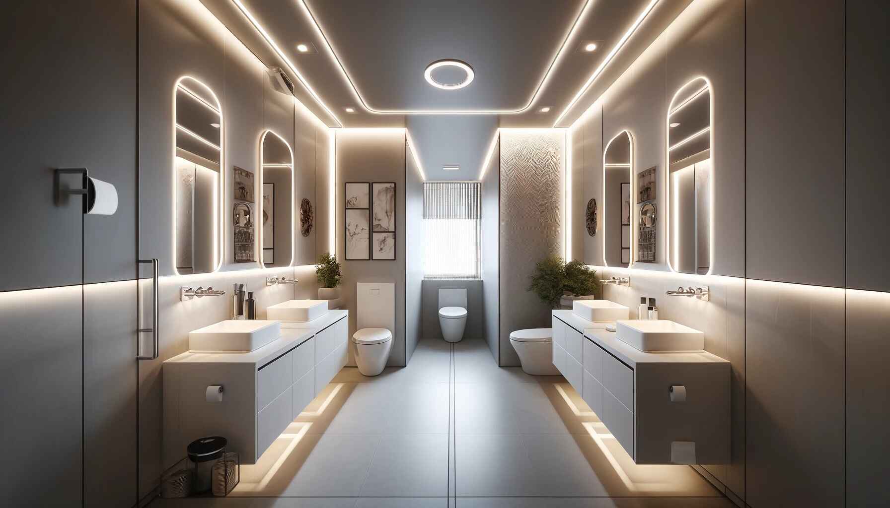 A modern washroom with creative lighting ideas