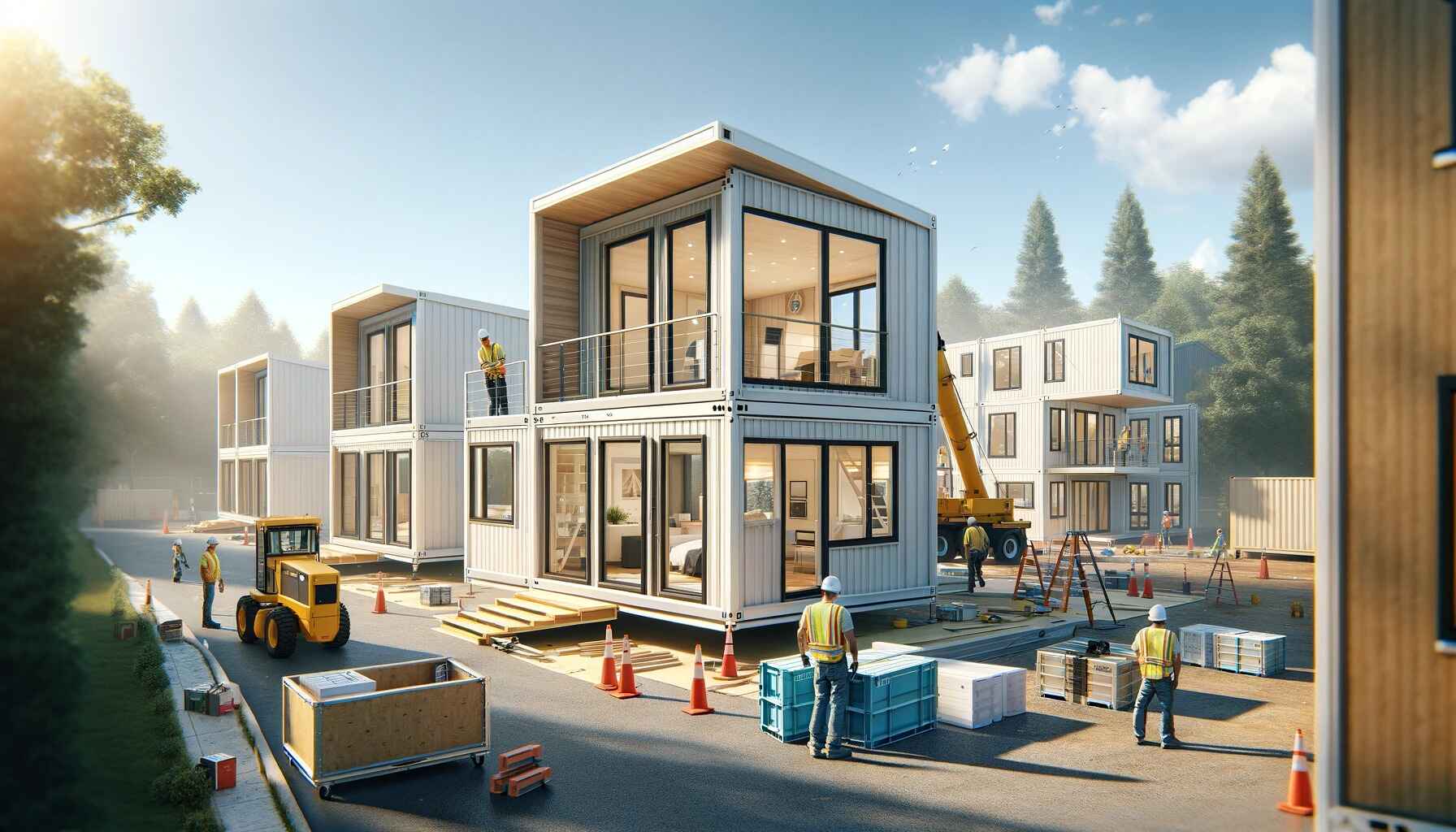 A photographic depiction of modular home construction, featuring several prefabricated modules being assembled on-site. The modules have a modern