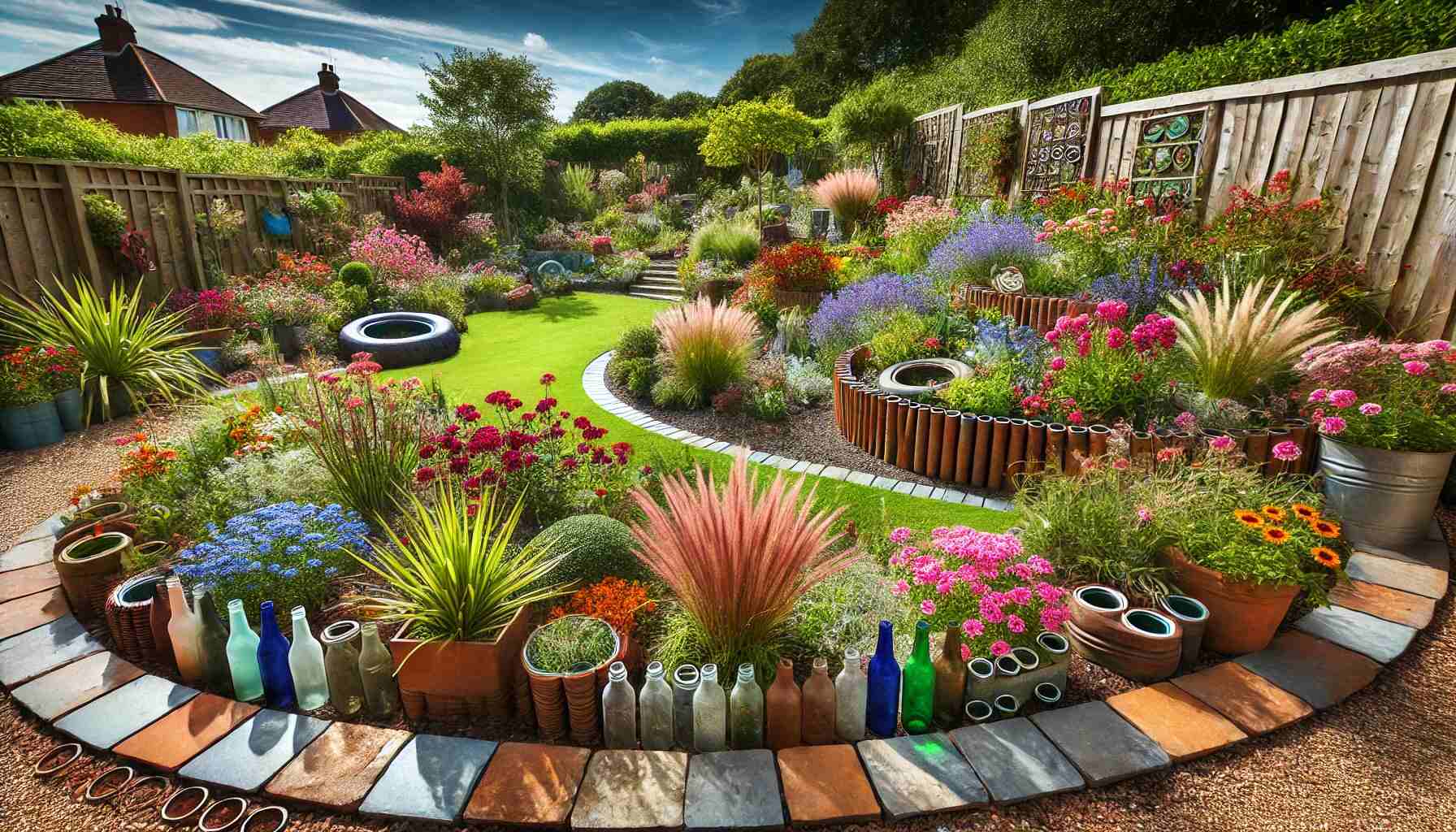 A stunning and creative garden landscape featuring a variety of garden border ideas.