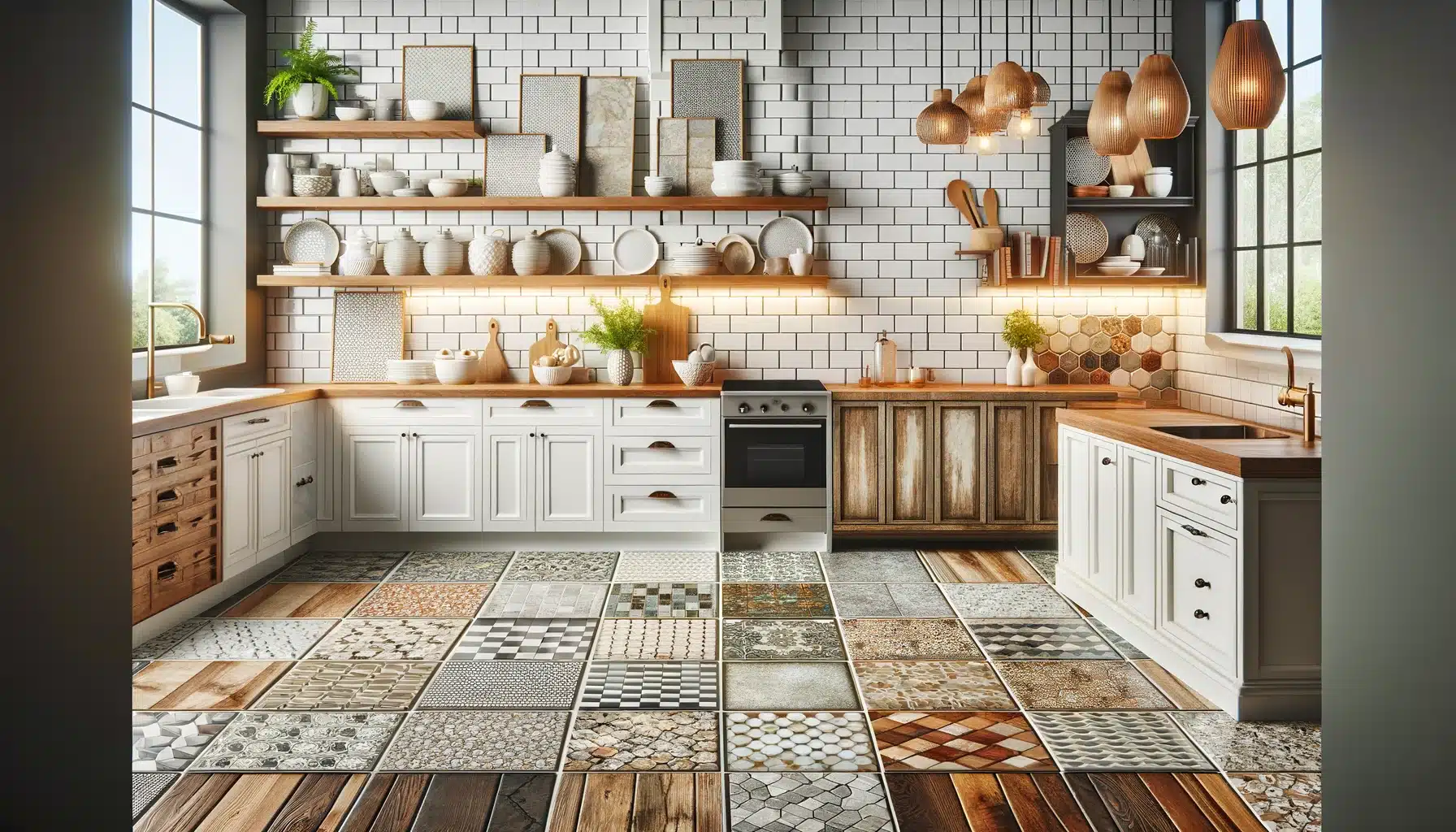 A stylish kitchen showcasing various tile countertop ideas. The image features a mix of classic white subway tiles, mosaic tile patterns, checkerboard