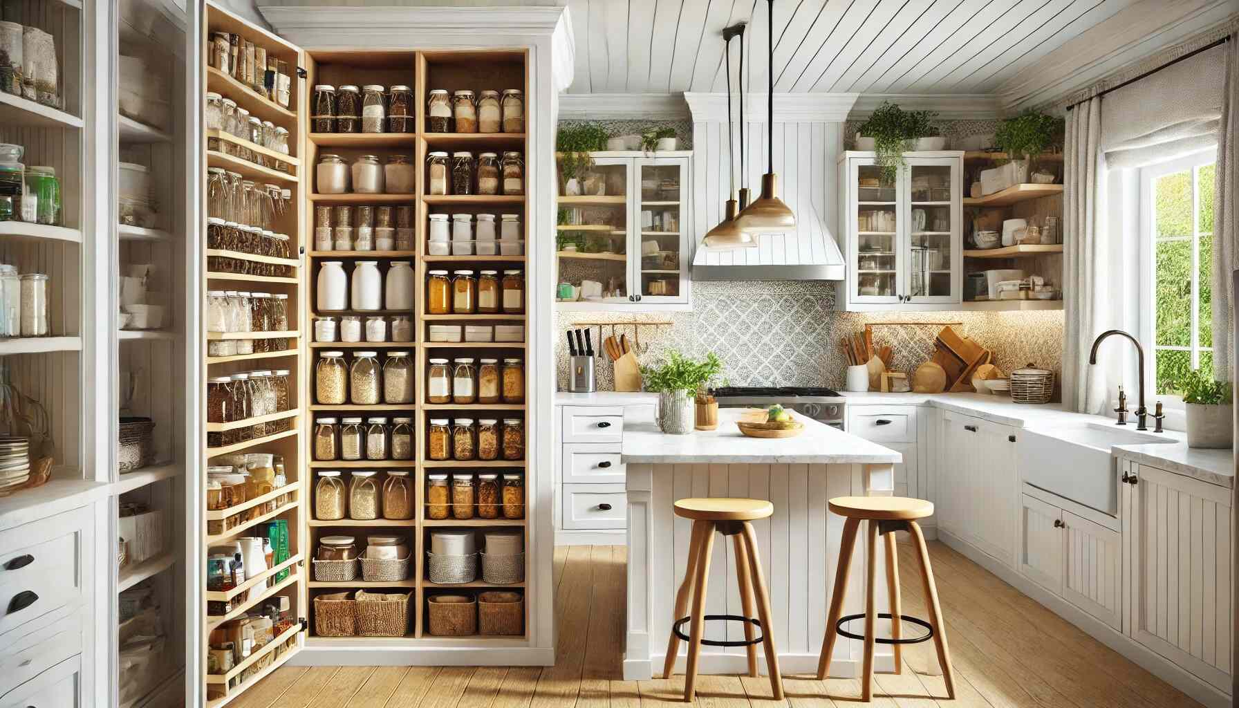 A stylish open pantry integrated into a modern kitchen design