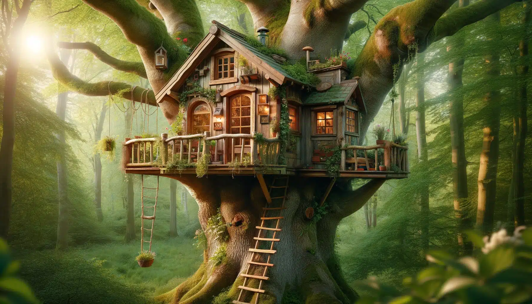 A whimsical treehouse nestled among the branches of a large, sturdy tree. The treehouse features a wooden structure with large windows, a small balcon