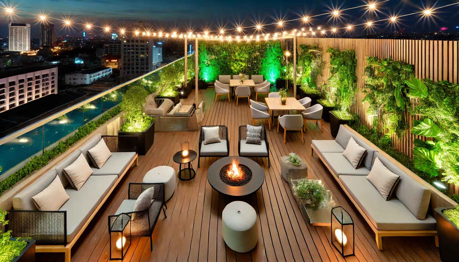 An ideal rooftop hotel decoration featuring a luxurious setup with comfortable seating areas