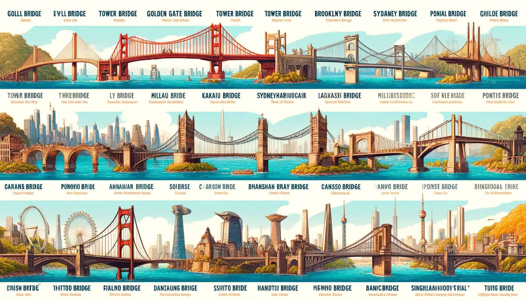 An illustration showcasing the top 15 bridges in the world. Each bridge is depicted with its unique architectural style, including the Golden Gate Bri