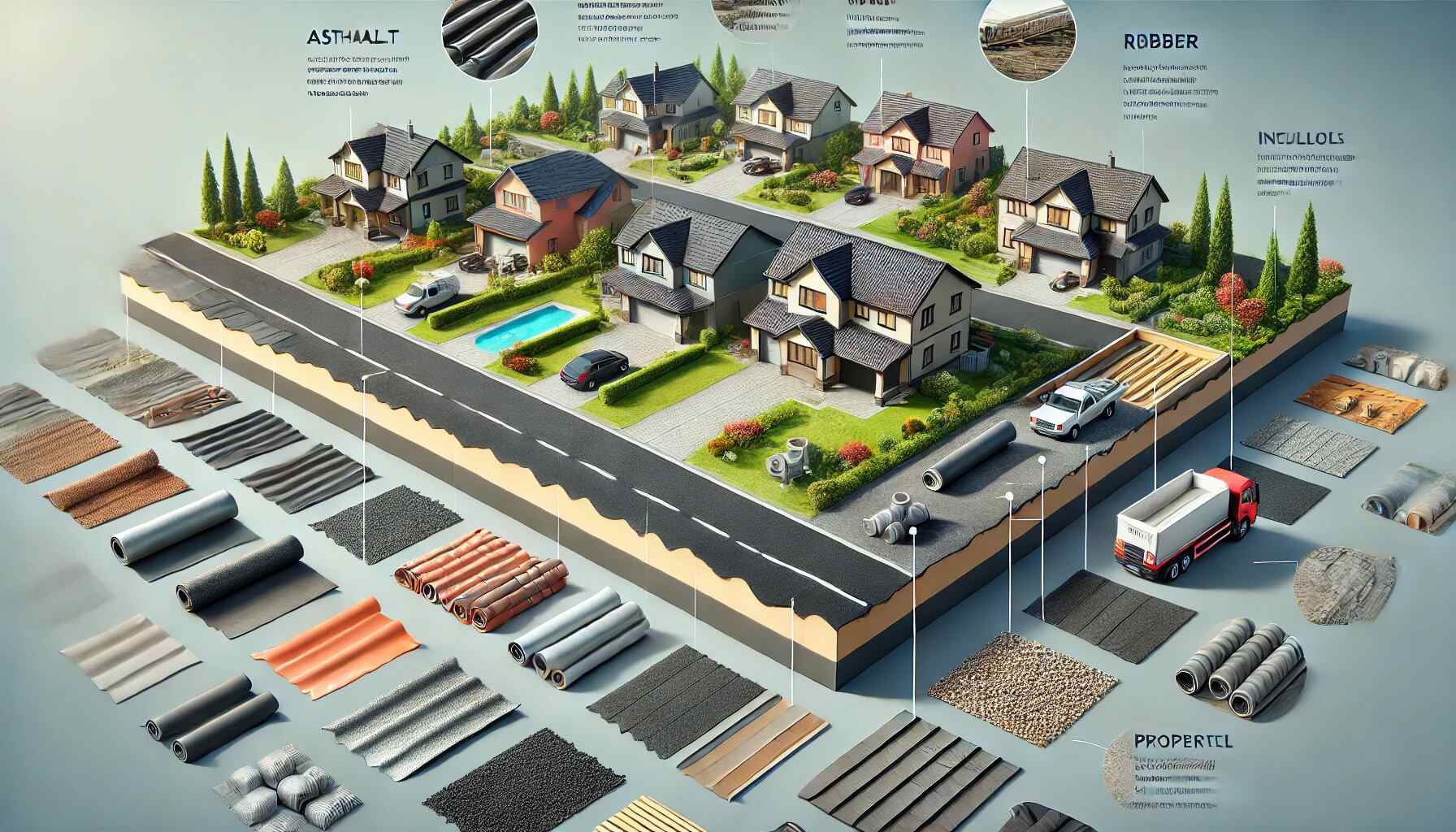 An informative landscape image displaying various roofing materials and techniques suitable for a flat roof