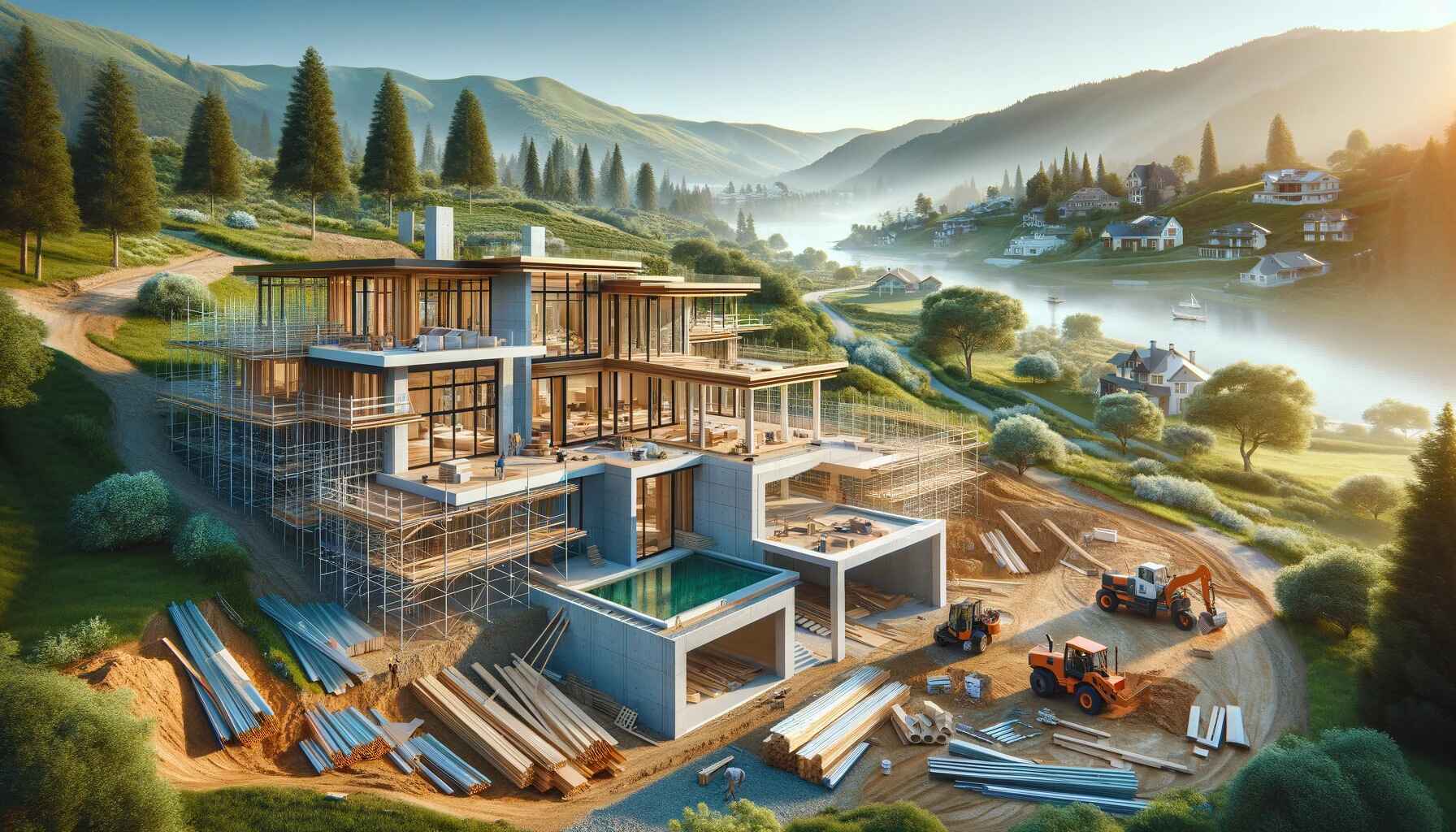 A luxurious home under construction in a picturesque landscape. The partially built structure showcases modern architectural design with large windows(2)