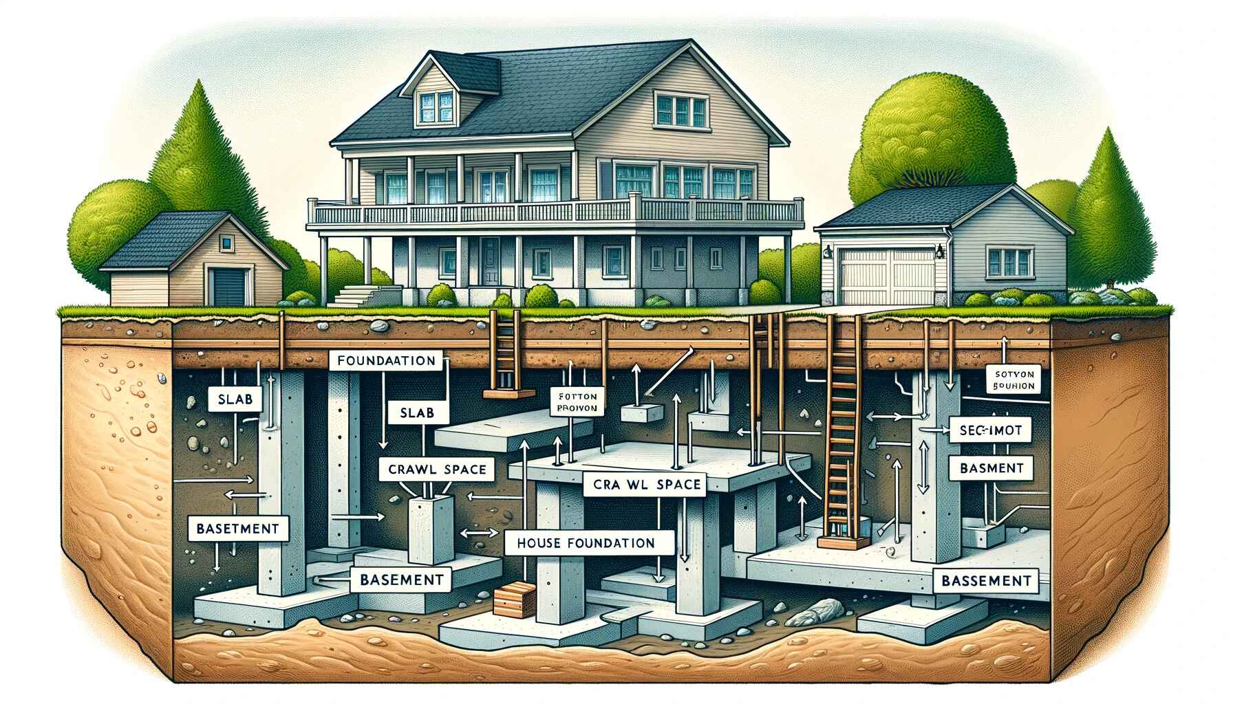 A detailed illustration showing different types of house foundations in a landscape format. Include labeled sections for each foundation type slab, c