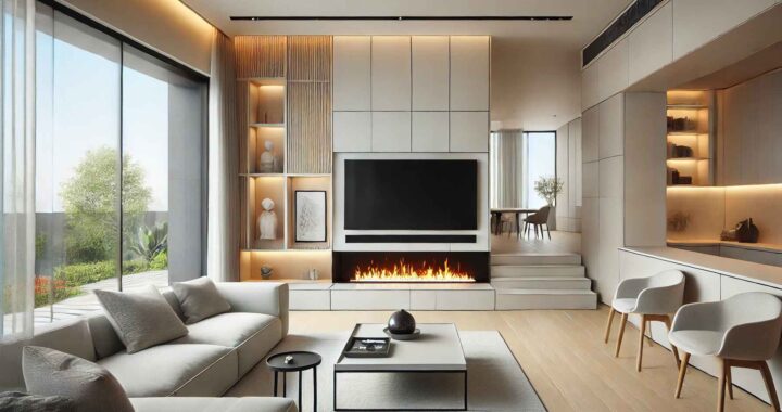 Modern Clean Living Room with Built-in and Fireplace TV Combo