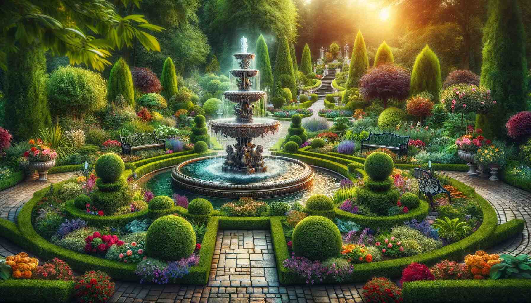 beautifully landscaped garden featuring a stunning central fountain surrounded by lush greenery and colorful flowers. The fountain is ornate