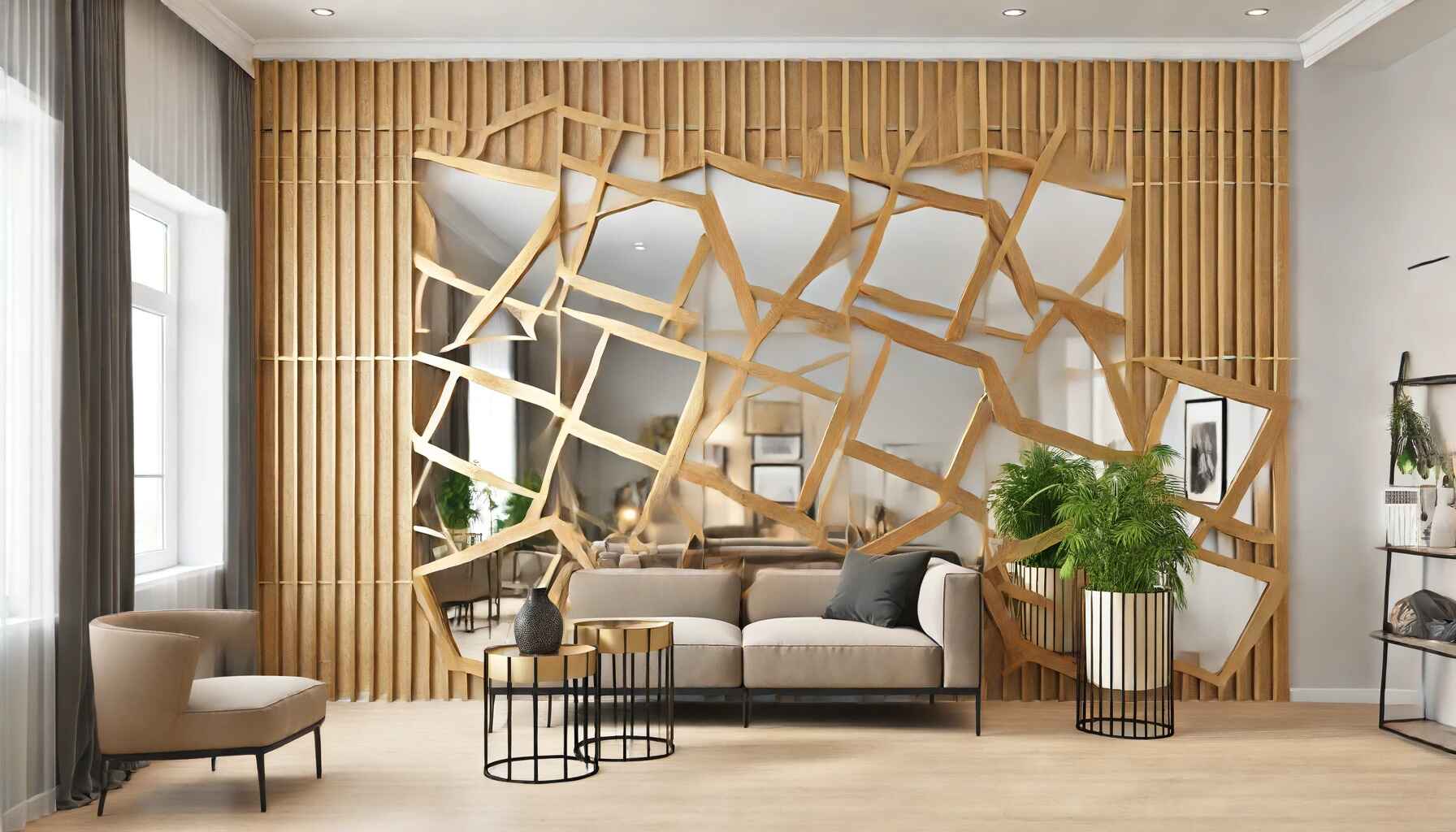 contemporary mirror wall design featuring geometric wood dividers