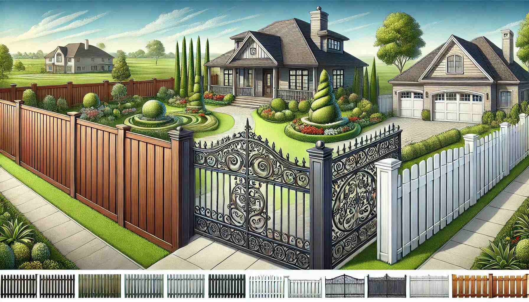 detailed landscape image depicting various fencing options. On the left, a tall privacy fence made of wooden slats, stained dark for a modern look.