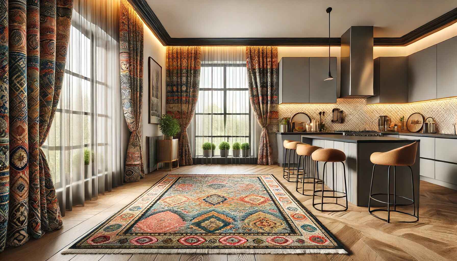 modern kitchen with a cozy and stylish decor, featuring colorful textiles. The kitchen has a large, patterned rug on the wooden floor