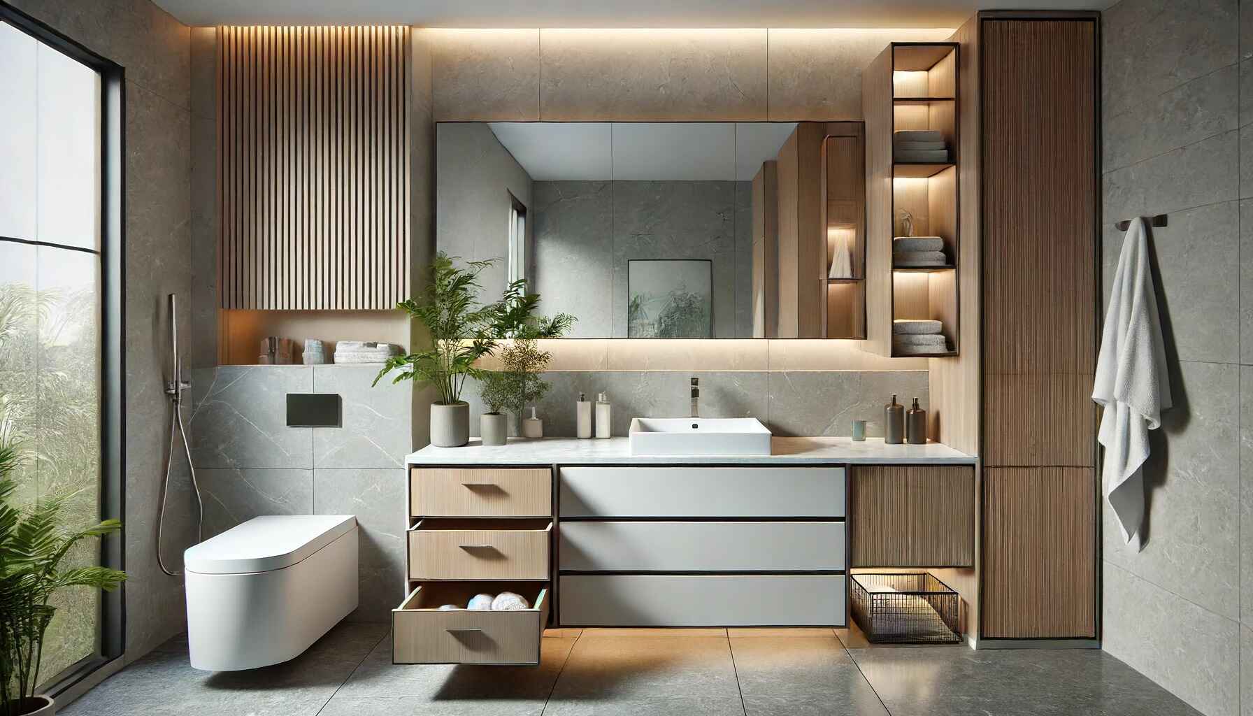 modern washroom showcasing vanity and storage solutions