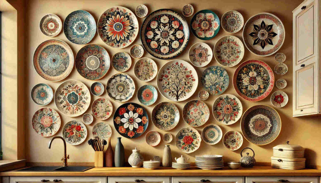 A beautifully arranged display of decorative kitchen wall plates on a wall. The scene includes various sizes and styles of plate