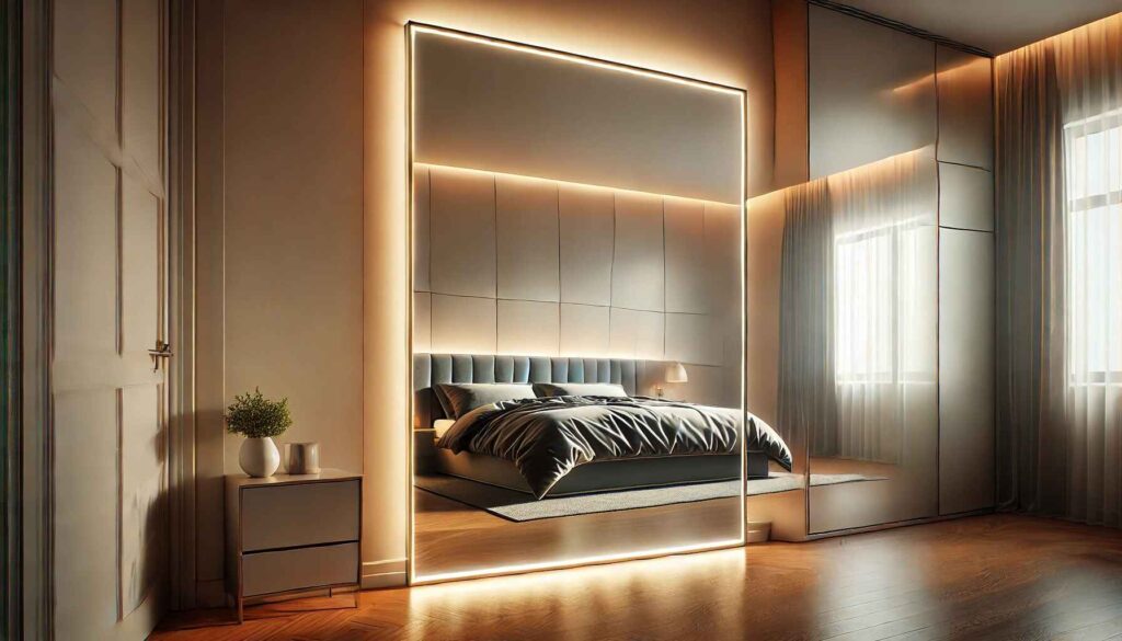 A bedroom featuring a modern design with a full-length wall mirror illuminated by LED lights.