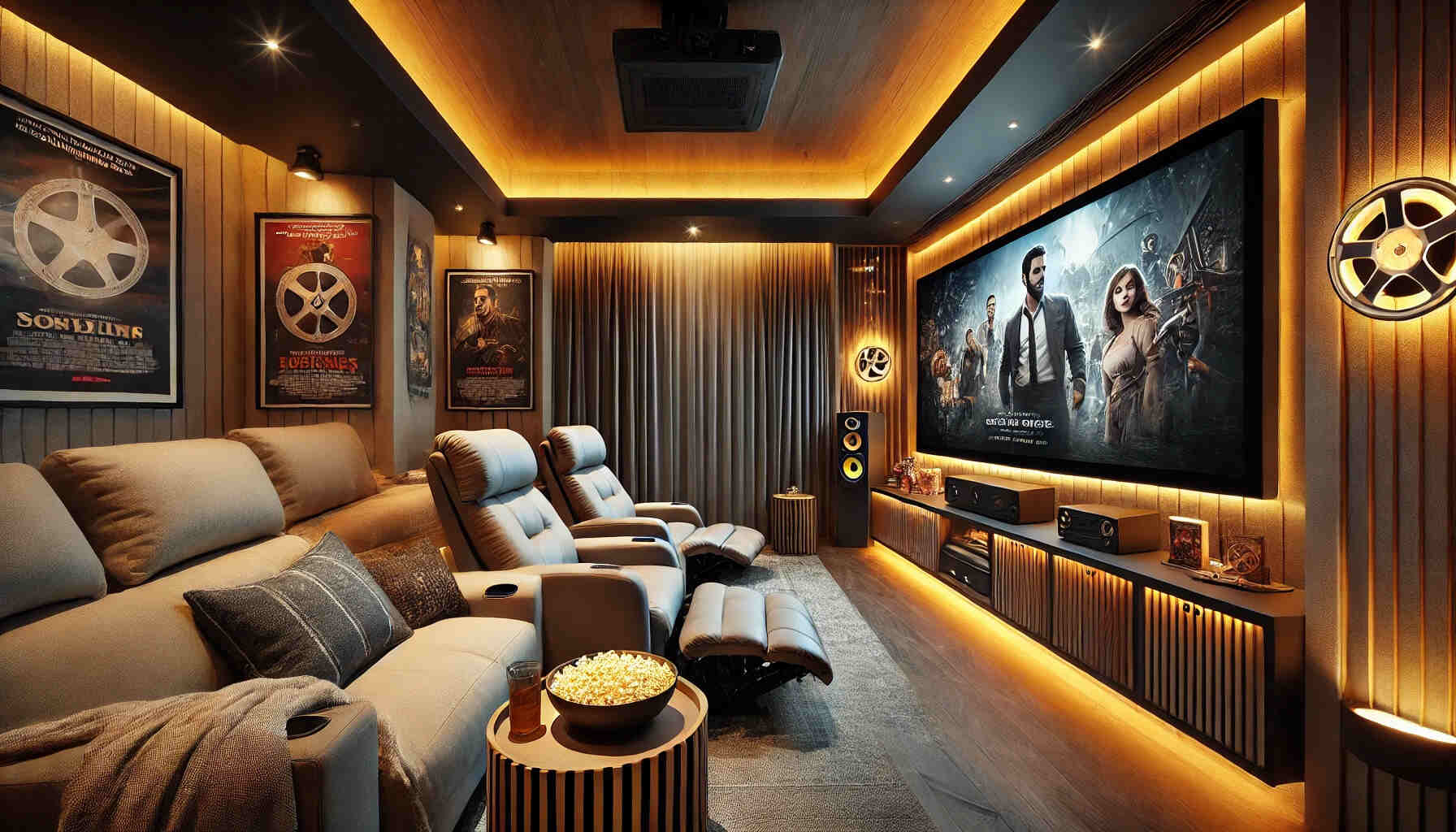 A cozy and stylish mini cinema room inside a house, featuring luxurious seating arrangements such as plush recliners and a large sectional sofa