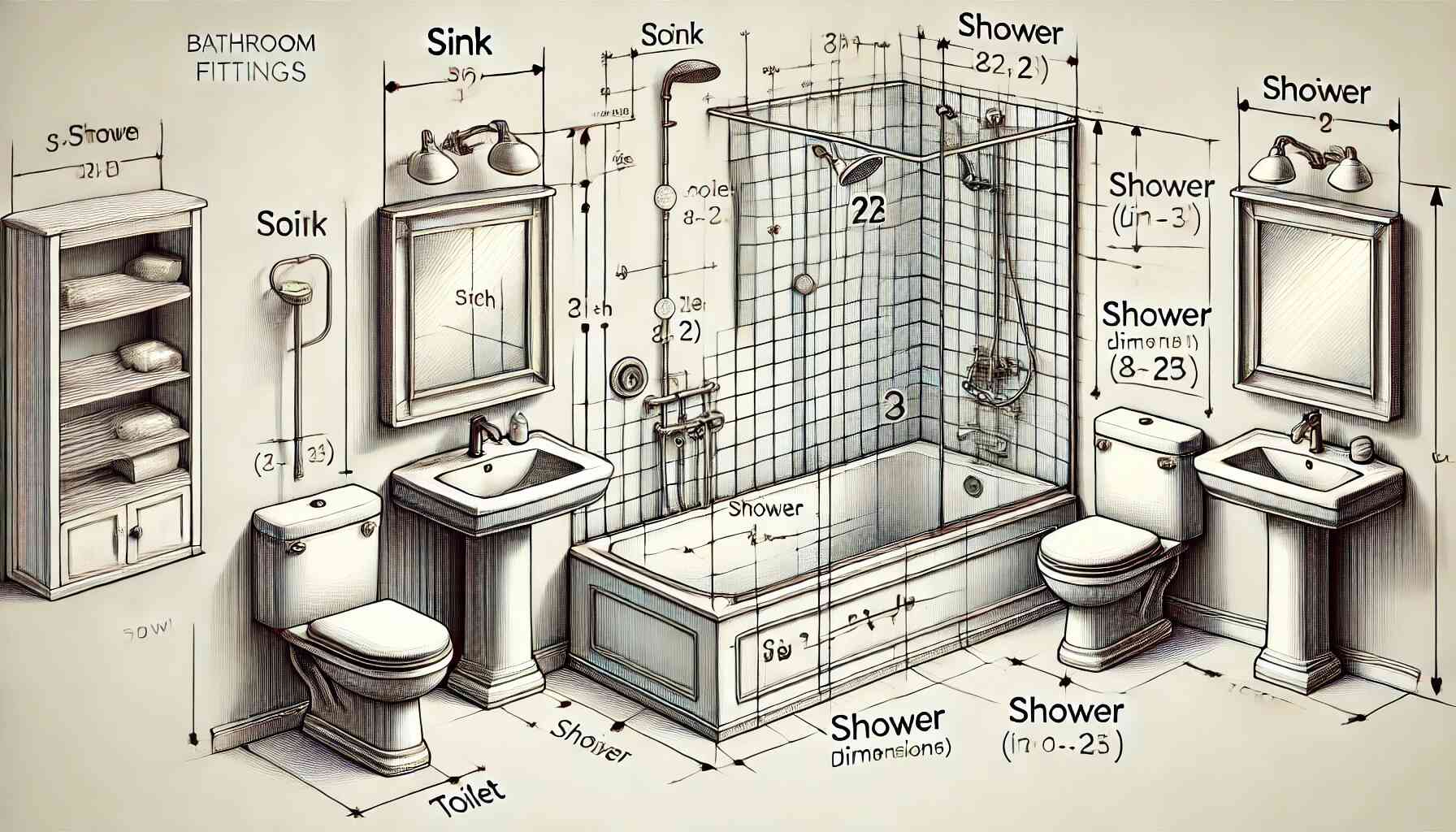 A detailed illustration of bathroom fittings with dimensions and tips. The image should include a layout with a sink toilet shower and bathtub etc