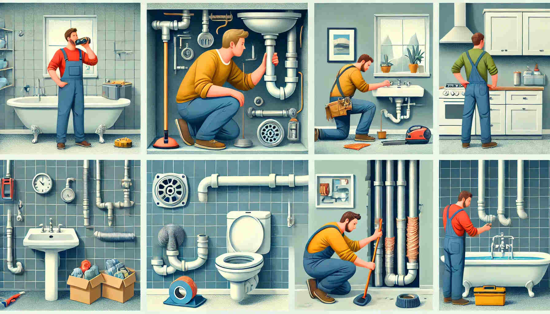 A detailed illustration of essential home plumbing maintenance showing a variety of scenarios a person inspecting under a sink for leaks.