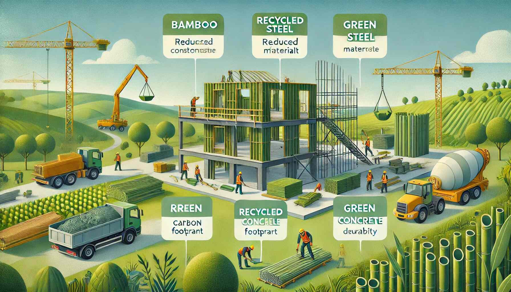 A detailed landscape oriented illustration showing the benefits of sustainable materials in construction.