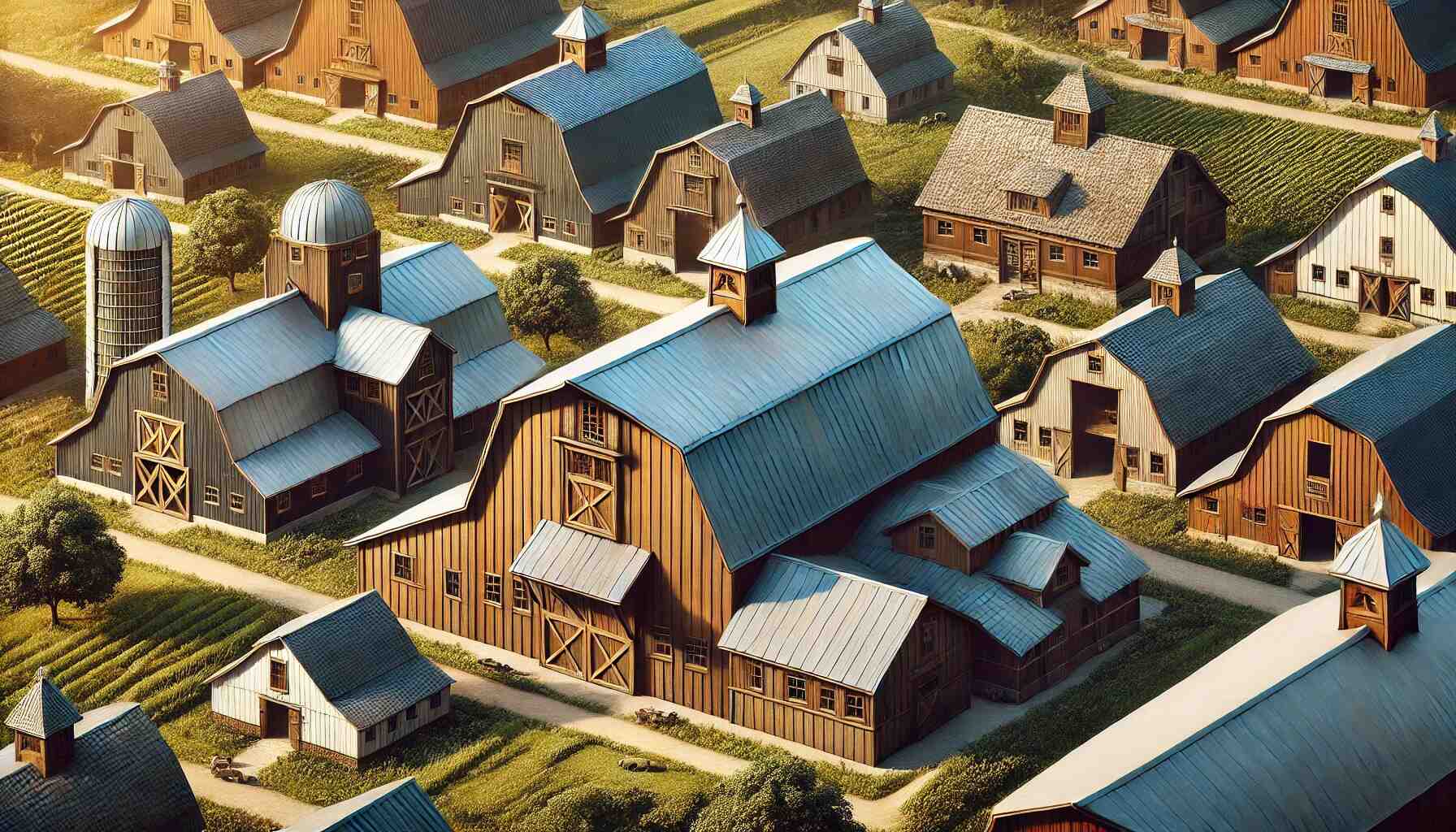 A detailed landscape view of various barn roof designs. The scene includes barns with different types of roofs