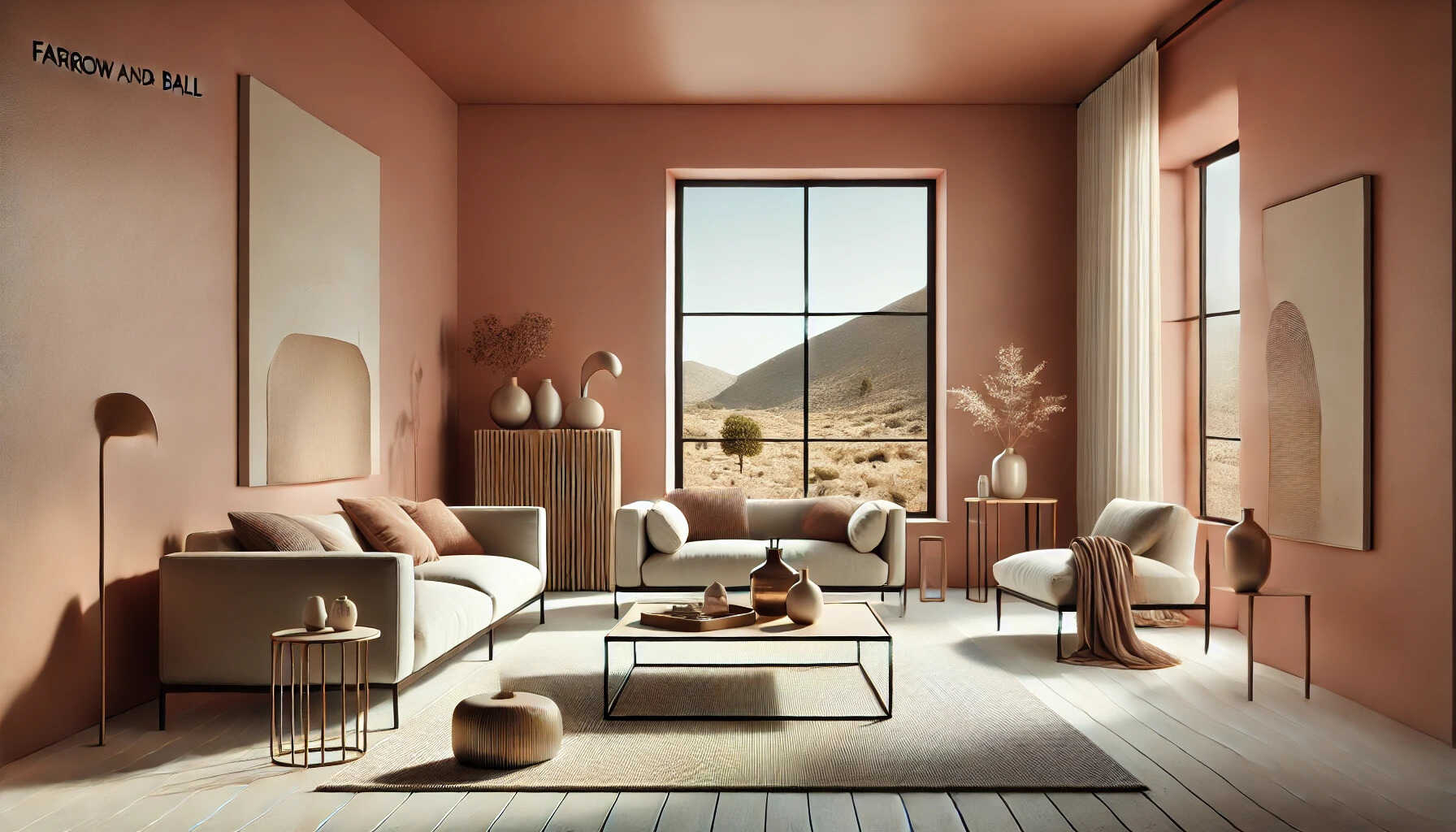 A landscape-oriented image of a modern living room painted with 'Farrow and Ball Setting Plaster' color.