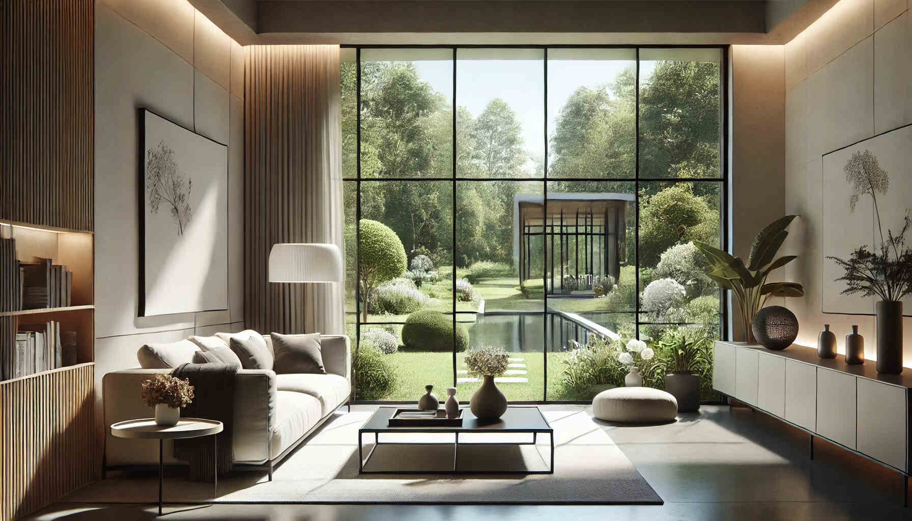 A landscape oriented image of a stylish interior room featuring a large modern window.