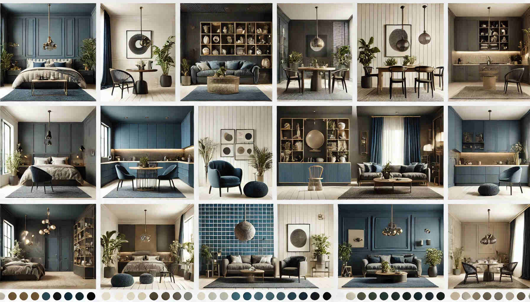 A landscape-oriented image showcasing the top 15 dark blue color combinations for home decor.