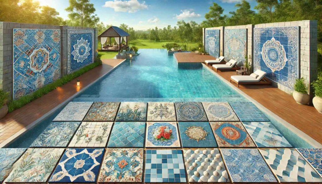 A landscape view of various top swimming pool tile designs. The scene includes multiple sections of a large, luxurious swimming pool